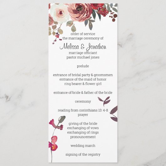 Rode Blush Bloemrozen Huwelijksprogramma Programmakaart (Voorkant)