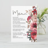 Rode Blush Bloemrozen Romantische Trouwdag Menu (Staand voorkant)