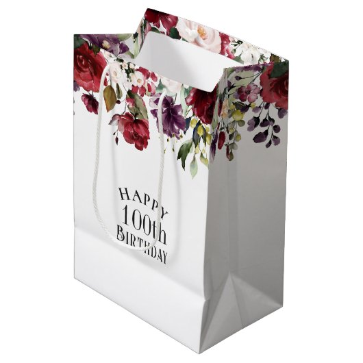 Rode Blush en Paarse Elegante Bloemen 100ste Verja Medium Cadeauzakje (Voorkant Gekanteld)