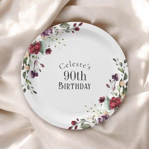 Rode Blush en Paarse Elegante Bloemen 90ste Verjaa Papieren Bordje