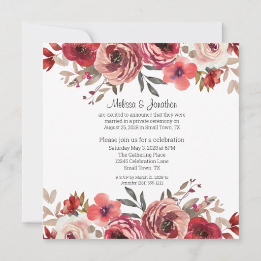 Rode Blush Floral Rozen bruiloft gewoon getrouwd Aankondiging (Achterkant)