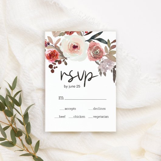 Rode Blush Floral Rozen Wedding RSVP Kaart