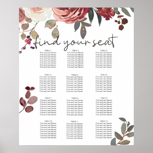 Rode Blush Floral Rozen Wedding Seating Chart Poster (Voorkant)