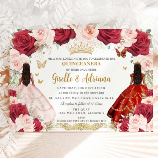 Rode Blush Roze Bloemen Tweeling Goud Quinceañera Kaart