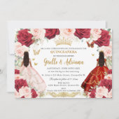 Rode Blush Roze Bloemen Tweeling Goud Quinceañera Kaart (Voorkant)