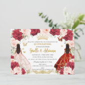 Rode Blush Roze Bloemen Tweeling Goud Quinceañera Kaart (Staand voorkant)