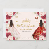 Rode Blush Roze Bloemen Tweeling Goud Quinceañera Kaart (Achterkant)