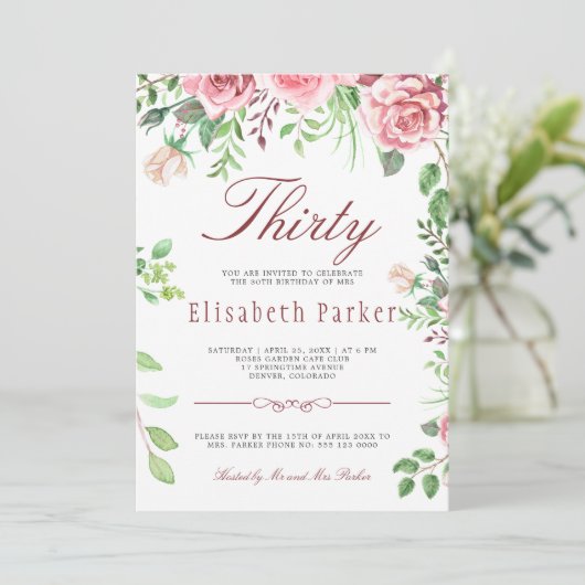 Rode Blush Roze Bloementuin 30ste Verjaardagsfeest Kaart (Staand voorkant)