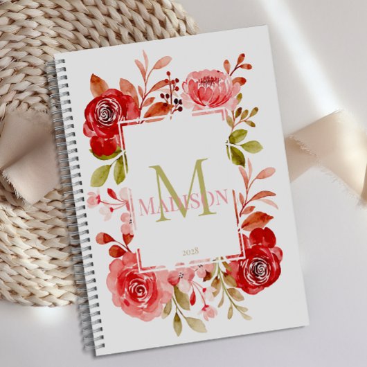 Rode Blush Rozen Botanische Bloemige Monogram Plan Planner