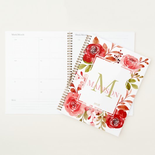 Rode Blush Rozen Botanische Floral Monogram Planne Planner (Display)
