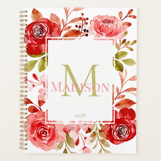 Rode Blush Rozen Botanische Floral Monogram Planne Planner (Voorkant)