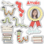 Rode Boekenworm Voorschoolse Afstudeerfeest Naam Sticker (Voorkant)