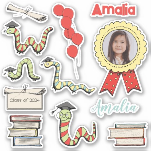 Rode Boekenworm Voorschoolse Afstudeerfeest Naam Sticker (Voorkant)