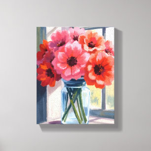 Rode Boeket Bloemen Vaas Aquarel Schilderij Canvas Afdruk