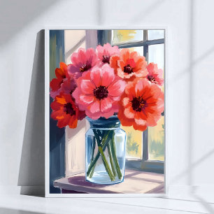 Rode Boeket Bloemen Vaas Aquarel Schilderij Poster