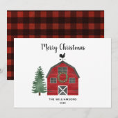 Rode boerderij buffelruitpatroon foto kerstkaart (Voorkant / Achterkant)