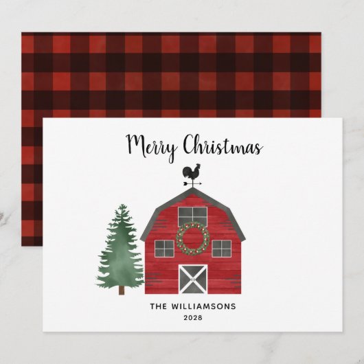 Rode boerderij buffelruitpatroon foto kerstkaart (Voorkant / Achterkant)