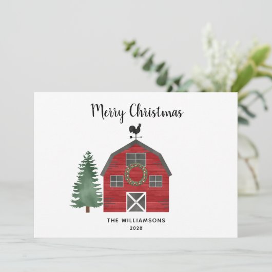 Rode boerderij buffelruitpatroon foto kerstkaart (Staand voorkant)