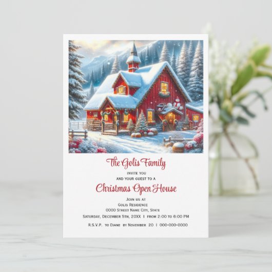 Rode boerderij Kerst Open Huis Kaart (Staand voorkant)