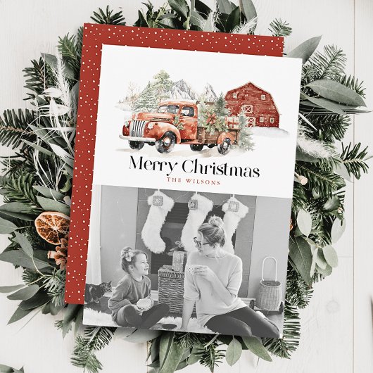 Rode Boerderij Truck Barn Kerstfoto Feestdagenkaart