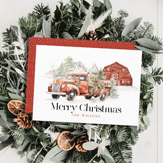 Rode Boerderij Truck Barn Mountain Kerstmis Feestdagenkaart