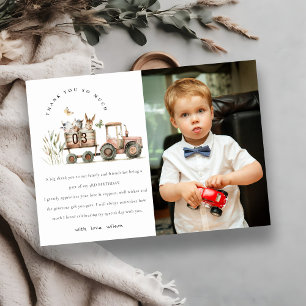 Rode boerderijdieren tractor kinder foto verjaarda bedankkaart