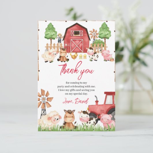 Rode Boerderijdieren Verjaardagsfeest Bedankkaart (Staand voorkant)