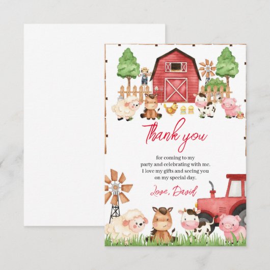 Rode Boerderijdieren Verjaardagsfeest Bedankkaart (Voorkant / Achterkant)
