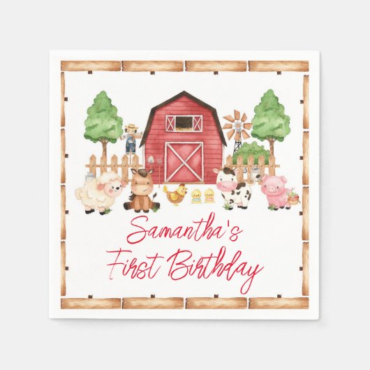 Rode Boerderijdieren Verjaardagsfeest Servet (Voorkant)
