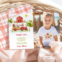 Rode boerderijdieren verjaardagsfoto dank u kaart