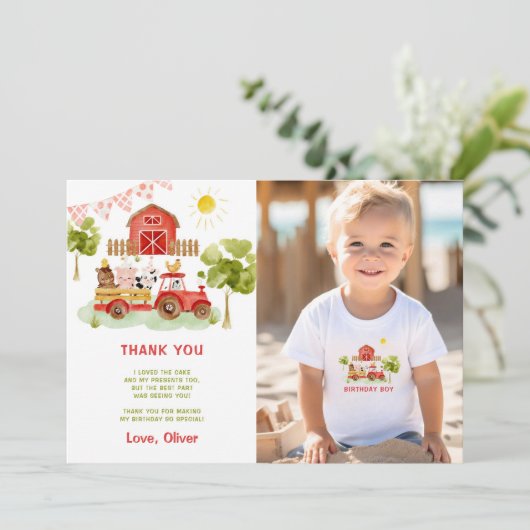 Rode boerderijdieren verjaardagsfoto dank u kaart (Staand voorkant)