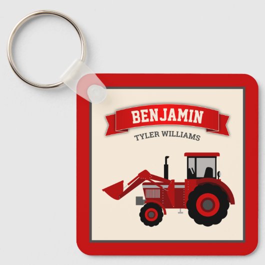 Rode boerentractor kindernaam sleutelhanger (Voorkant)