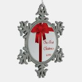 Rode bogen 1e Kerstmis samen Tin Sneeuwvlok Ornament (Links)