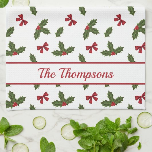 Rode bogen en kerstheilige Planten Theedoek (Gevouwen)