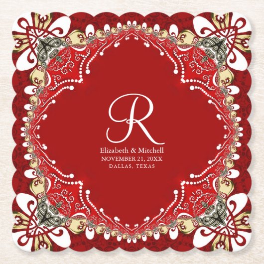 Rode Boheemse Batik Monogram Huwelijk Kartonnen Onderzetters (Voorkant)