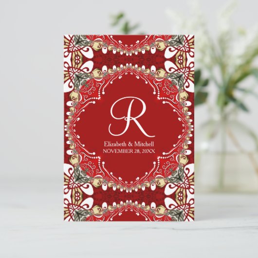 Rode Boheemse Batik Monogram Huwelijk Verticaal Informatiekaartje (Staand voorkant)