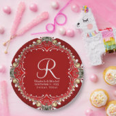 Rode Boheemse Batik Monogram V2 Huwelijk Papieren Bordje (Feest)