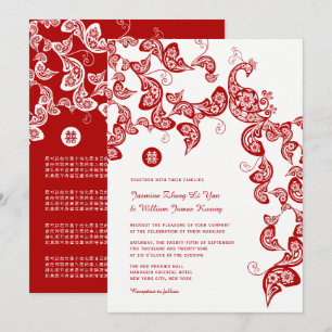 Rode Boho Bloemen Peacock Elegante Chinese bruilof Kaart