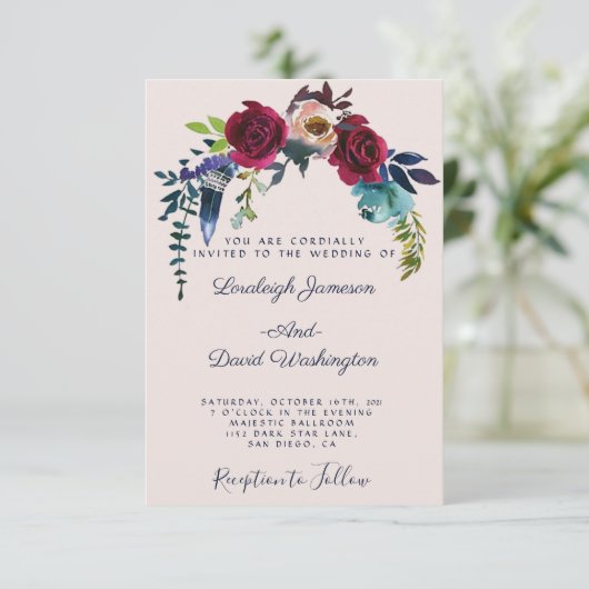 Rode boho floral bruiloft kaart (Staand voorkant)