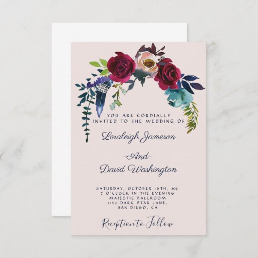 Rode boho floral bruiloft kaart (Voorkant / Achterkant)