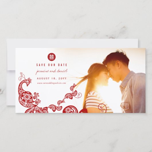 Rode Boho Pauw Chinese Dubbele Geluk Foto Save The Date (Voorkant)
