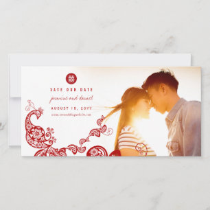 Rode Boho Pauw Chinese Dubbele Geluk Foto Save The Date