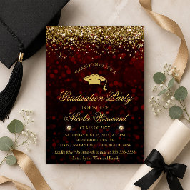 Rode Bokeh & Gouden Glitter Afstudeerfeest Kaart
