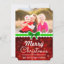 Rode Bokeh Groene Lint Kerstmis Aangepaste Fotokaa Feestdagenkaart
