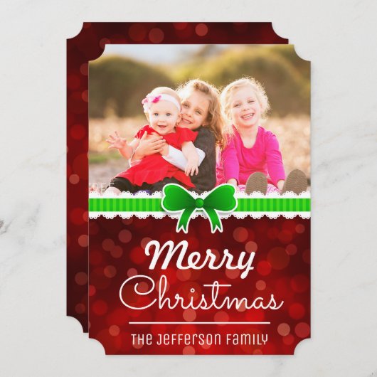 Rode Bokeh Groene Lint Kerstmis Aangepaste Fotokaa Feestdagenkaart (Voorkant / Achterkant)