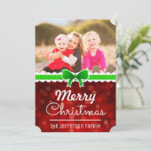 Rode Bokeh Groene Lint Kerstmis Aangepaste Fotokaa Feestdagenkaart (Staand voorkant)