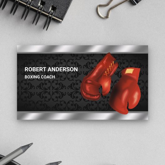 Rode boks handschoenen professionele bokstrainer c visitekaartje