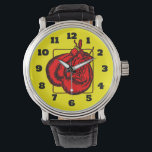 Rode Bokshandschoenen Illustratie Horloge<br><div class="desc">Schets van een paar rode bokshandschoenen in de schaduw en in het zwart geschetst. De handschoenen zijn gedeeltelijk omlijst door een roodachtig zwart. De achtergrond is bruisend geel.</div>