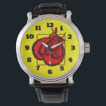 Rode Bokshandschoenen Illustratie Horloge<br><div class="desc">Schets van een paar rode bokshandschoenen in de schaduw en in het zwart geschetst. De handschoenen zijn gedeeltelijk omlijst door een roodachtig zwart. De achtergrond is bruisend geel.</div>