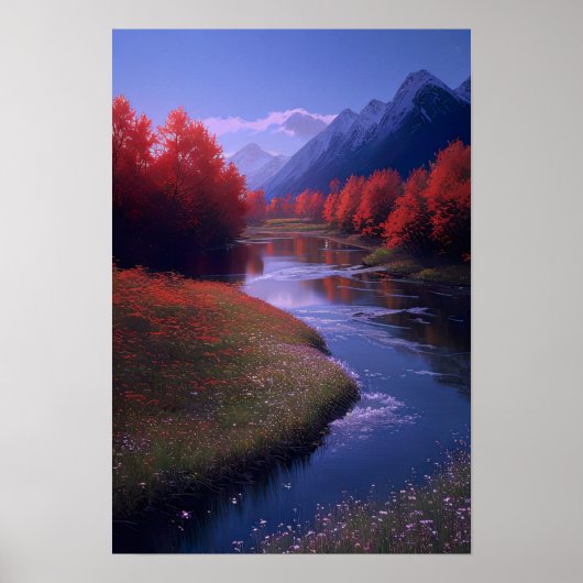 Rode bomen en bloemen langs de rivier poster (Voorkant)